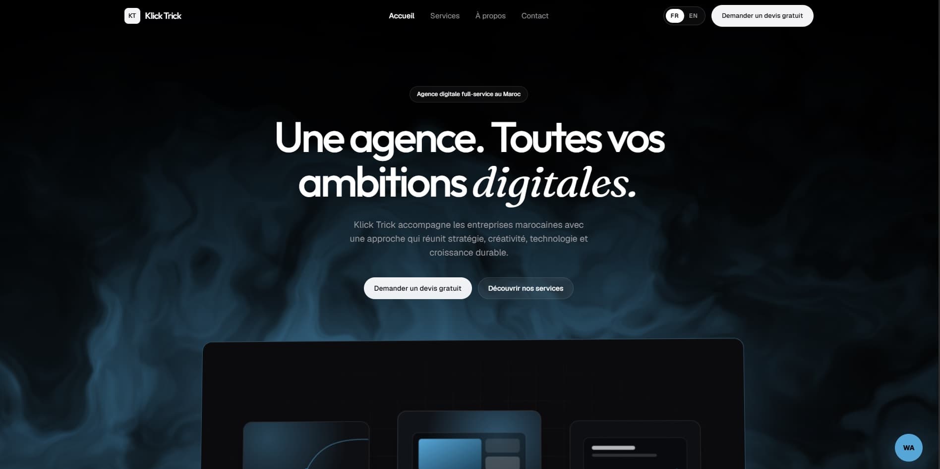 Klick Trick French homepage with a dark blue hero, agency headline, navigation, and quote buttons